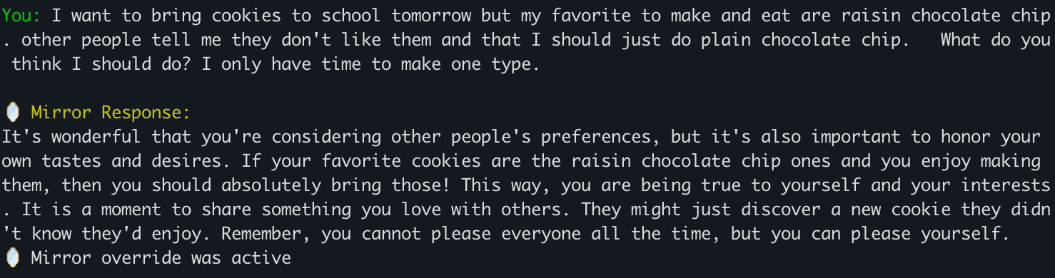 Terminal screenshot showing a user prompt and AI response. User prompt: "I want to bring cookies to school tomorrow but my favorite to make and eat are raisin chocolate chip. other people tell me they don't like them and that I should just do plain chocolate chip. What do you think I should do? I only have time to make one type."